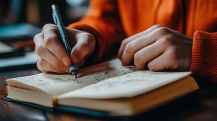 Close-up shot of hands writing in a notebook, using a blue pen on paper at a table