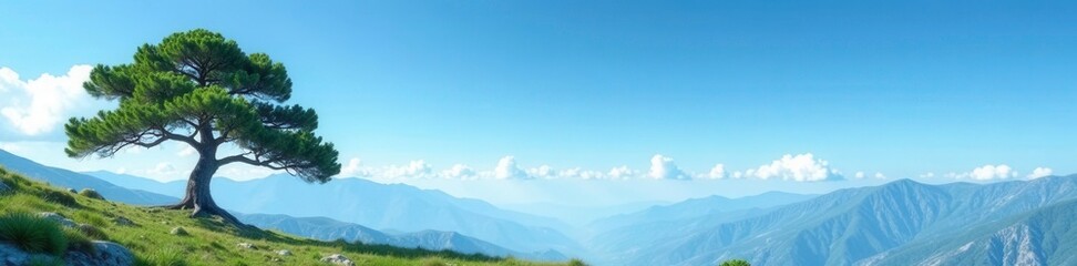 Obraz premium Majestic pine tree dominates a vast blue expanse with only a few subtle wisps of clouds visible in the distance, grandeur, nature, landscape