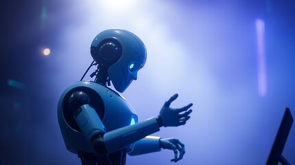 Futuristic Robot in a Blue Lit Stage Setting