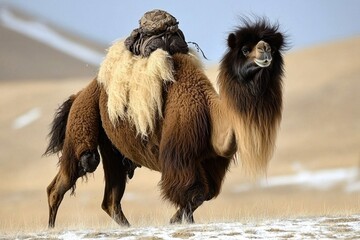 A Bactrian camel trekking through the arid deserts of Mongolia, its shaggy coat protecting it from the harsh climate