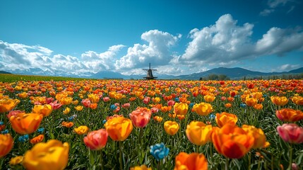 Colorful tulips, windmill, mountain backdrop, sunny spring day; idyllic landscape
