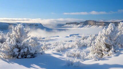 Serene winter landscape featuring frosted shrubs and a tranquil river view.