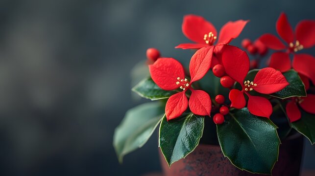 Vibrant red florals with green leaves in a decorative pot.