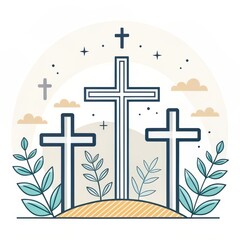 Three Crosses Line Art Illustration Easter Concept, Holy Week, Christian Symbol, Minimalist Design Easter, Cross