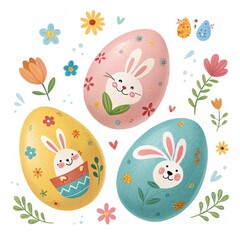 Three Easter Eggs with Bunnies Floral Composition, Digital Painting, Springtime Concept, Easter Bunny, Easter Eggs Easter, Spring