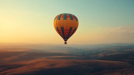 Obraz premium A vibrant hot air balloon gliding over rolling hills at sunset.