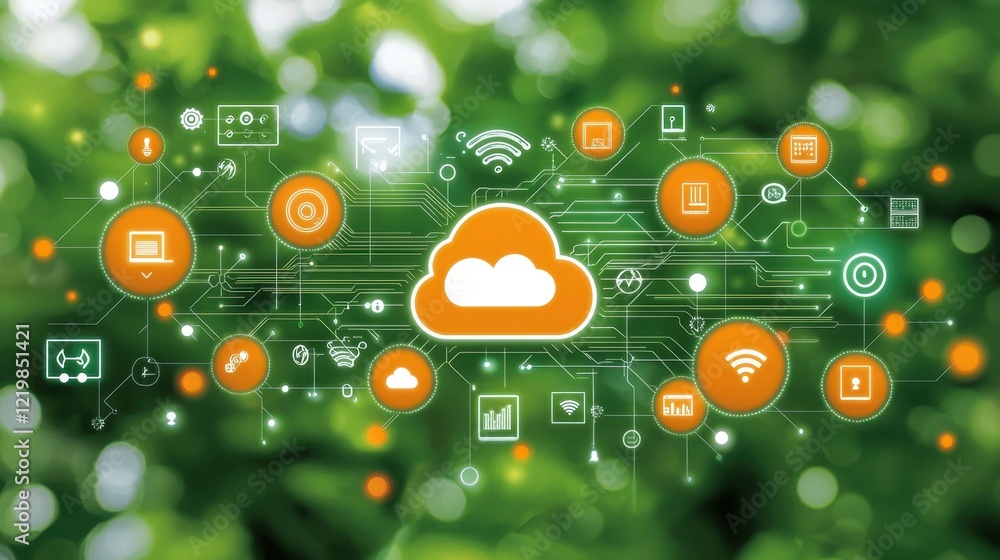 Poster cloud computing concept with digital icons on blurred nature background for technology and innovatio