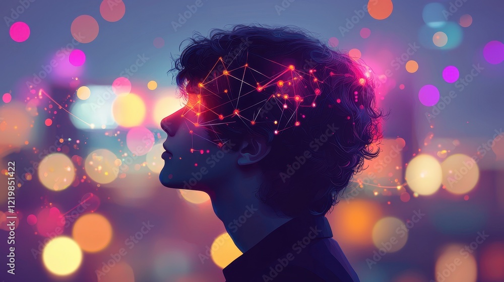 Poster creative portrait of a person with abstract brain concept and colorful bokeh background at dusk