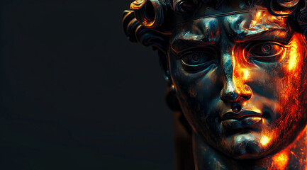 Silhouette of ancient Greek male marble statue. Head only. Minimal concept of art, modern philosophy, fun democracy symbol. Bronze