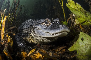 Obraz premium A Chinese alligator resting in shallow waters of a marshland in the Yangtze River basin, its armored scales gleaming.