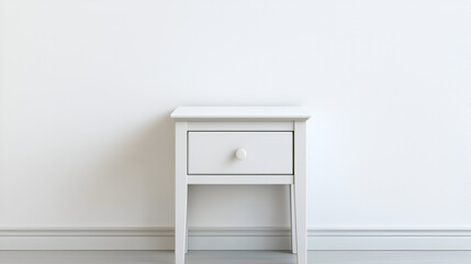 Simple white nightstand against a minimalist white wall. Perfect for bedroom or home decor.
