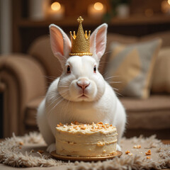 Royal bunny celebrating with cake in cozy room, festive joy