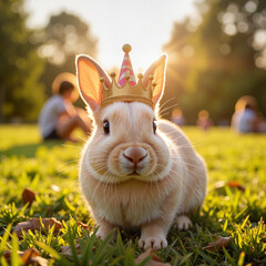 Crowned rabbit sitting on grass in a sunny park, whimsical charm