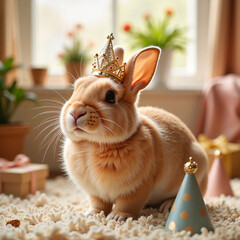 Adorable rabbit wearing a crown in festive room, celebration concept