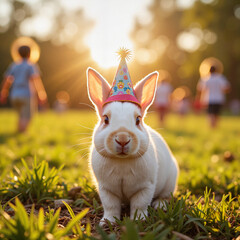Playful rabbit in birthday hat celebrating in sunny park, joyfulness