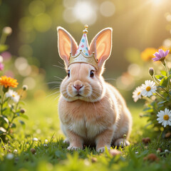 Cute rabbit wearing a crown among colorful flowers, joyful celebration