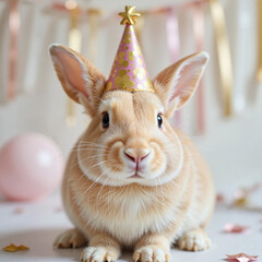 Celebratory rabbit wearing party hat at festive scene, joy and fun