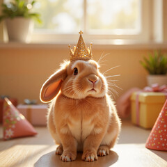 Adorable rabbit wearing crown in festive room, celebration spirit