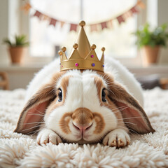 Cute rabbit wearing a golden crown, playful joy at home