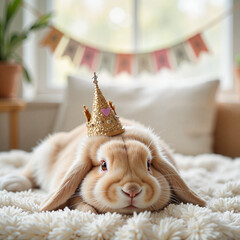 Adorable bunny wearing a crown on fluffy blanket, whimsical charm