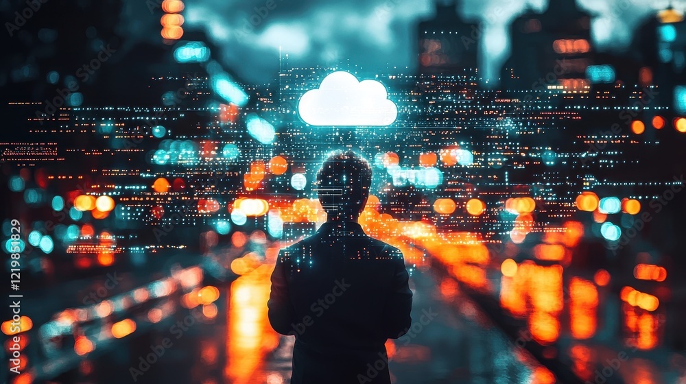 Poster person overlooking cityscape with cloud computing data visualizations and abstract neon lights