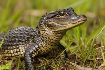 Obraz premium A Chinese alligator resting in shallow waters of a marshland in the Yangtze River basin, its armored scales gleaming.