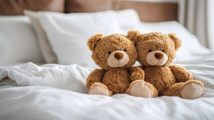 Two adorable teddy bears sitting on a soft bed with white linens.