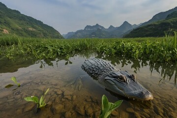 Fototapeta premium A Chinese alligator resting in shallow waters of a marshland in the Yangtze River basin, its armored scales gleaming.