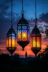 Obraz premium Ornate Hanging Lanterns Glow at Sunset: A Serene Twilight Scene