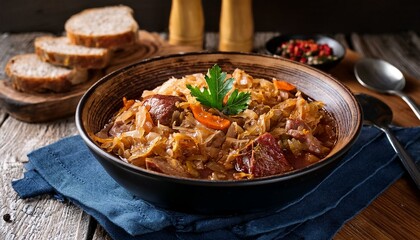 Fototapeta premium Hearty Polish bigos (hunter's stew) with sauerkraut and various meats