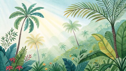 Watercolor Tropical Paradise Sunlit Palm Trees and Lush Foliage,Digital Painting, Nature,Jungle Tropical landscape, Watercolor painting