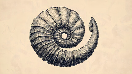 Black Ink Sketch of an Ammonite Fossil in Vintage Engraving Style