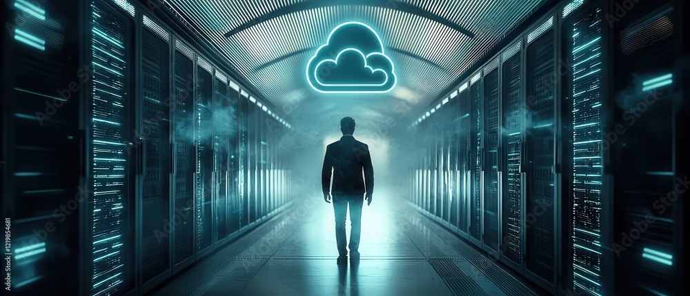 Aufkleber man walking towards cloud symbol in futuristic data center surrounded by server racks and neon light