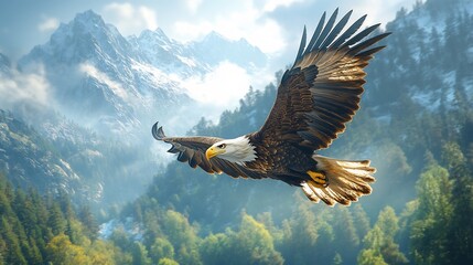 A bald eagle soaring majestically over a forested valley