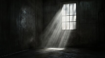 Dark mine shaft with a single beam of light cutting through the shadows, symbolizing hope and discovery in the depths of exploration and perseverance.