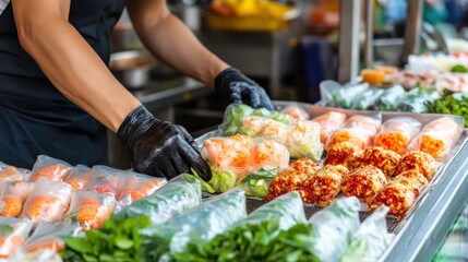Obraz premium Fresh Spring Rolls at a Vibrant Food Market