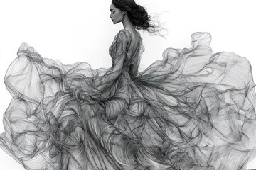 Fototapeta premium a woman in a long dress made of thin and airy lines reminiscent of a pencil sketch or abstract graphics. 