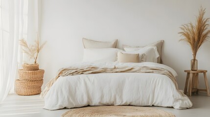 A minimalist bedroom with a large bed and neutral decor, leaving space for product display