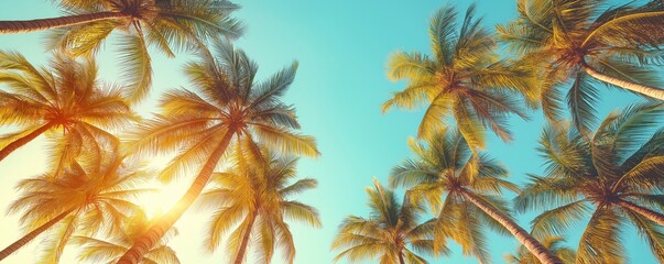 Tropical beach panorama at sunset. Many palm trees stand tall against vibrant blue sky. Sunbeams shine through leaves. Calm, peaceful. Ideal for travel destinations relaxation purposes. Perfect for