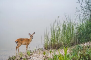 A Chinese water deer cautiously approaching a tranquil lake in the misty morning of eastern China.
