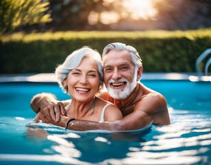 Fototapeta premium Generated image two seniors at the pool hugged together and playing - happy mature people and couple