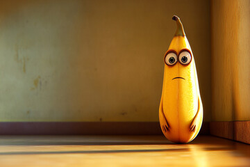 lonely, sad, depressed character stands alone in the corner of the room. concept of stop bullying, social problems, stress, conflicts, violence in the Internet in adults and children. Sad banana
