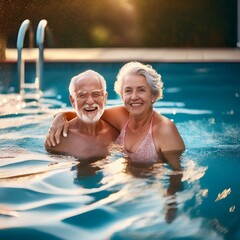 Fototapeta premium Generated image two seniors at the pool hugged together and playing - happy mature people and couple