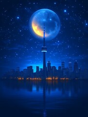 Toronto Skyline Underneath a Blue Moon: Nocturnal Cityscape