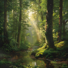 Fototapeta premium Lush Forest Sanctuary with Sunlit River and Birdsong