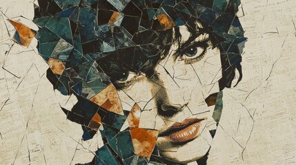Shattered Memories A Collage Portrait in Teal and Beige, Digital Art, Mixed Media, Face, Abstract,Newspaper Collage Abstract art,Collage art