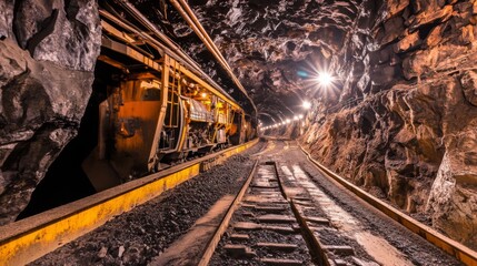 Obraz premium Dark mine shaft with a single beam of light cutting through the shadows, symbolizing hope and discovery in the depths of exploration and perseverance.