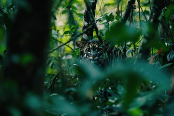 Fototapeta premium A clouded leopard stealthily moving through the dense foliage of a Southeast Asian jungle, its eyes keen and alert