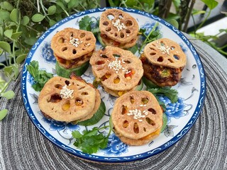 Mini Lotus root burger with tuna salad filling