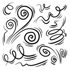 Doodle wind line sketch set. Hand drawn doodle wind movement, air blowing, vortex elements. Sketch of air blowing movement, abstract lines. Isolated vector illustration.